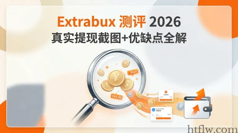 2026年最新Extrabux测评文章的特色封面图，图内概括了真实提现证据与平台优缺点全解。